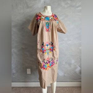Hand Floral Stitch Embroidered Khaki Color Fiesta Mexican Midi Dress Side  Split